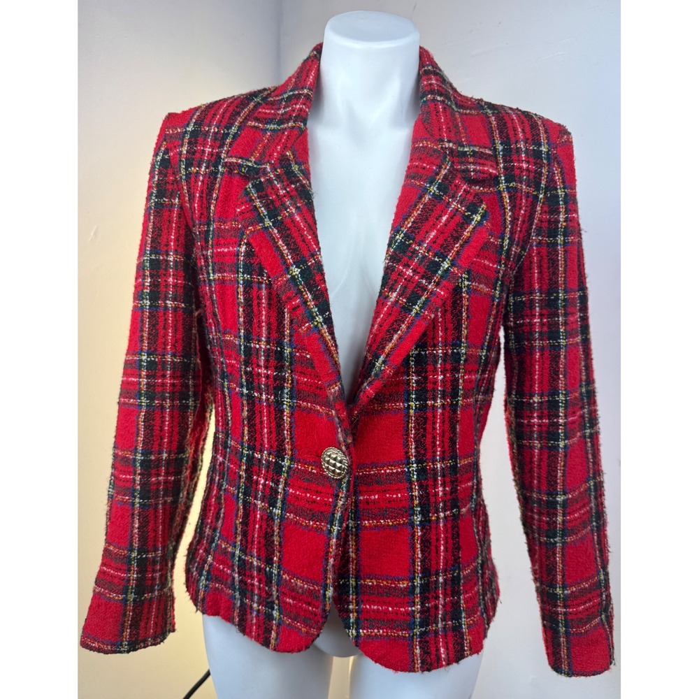 T.R. Bentley Blazer Women 7/8 Red Plaid Tweed Vintage Wool Blend USA Made
